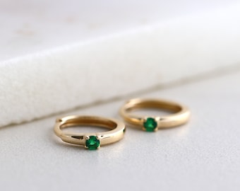 Green Emerald Huggie Hoop Earrings, Solid Gold Emerald Earrings, May Birthstone Earrings, Dainty Small Hoops, Minimalist Earring