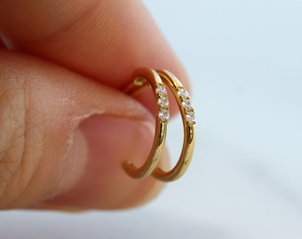 Classic Three Stone Open Hoops, Solid Gold Small Hoop Earrings, Dainty Gold Hoops, Minimalist Earrings