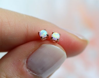 Sterling Silver Opal Studs, Tiny White Opal Stud Earrings, Minimalist Earrings, Gift for Her