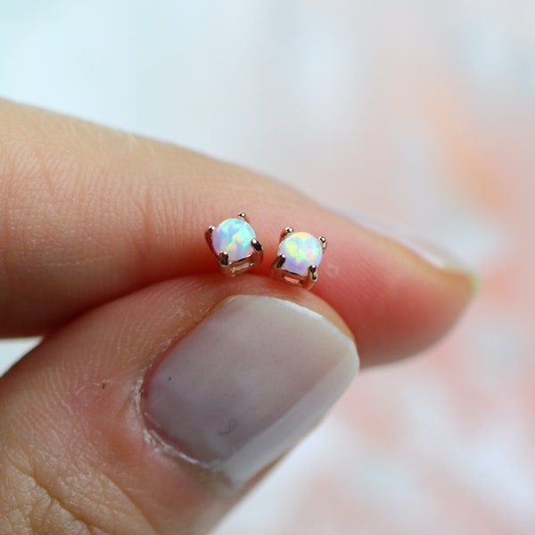 Sterling Silver Opal Studs, Tiny White Opal Stud Earrings, Minimalist Earrings, Gift for Her