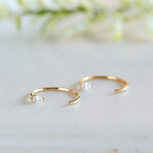 Tiny Solid Gold Pear Open Hoop Earrings, White Gold Pear Moissanite Diamond Mini Hoop, Dewdrop Hoop Earring, Minimalist Jewelry