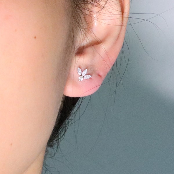 Solid Gold Marquise Trio Stud Earrings,  Diamond Cluster Earrings, Trio Diamond Studs, Tragus Cartilage Conch Earrings