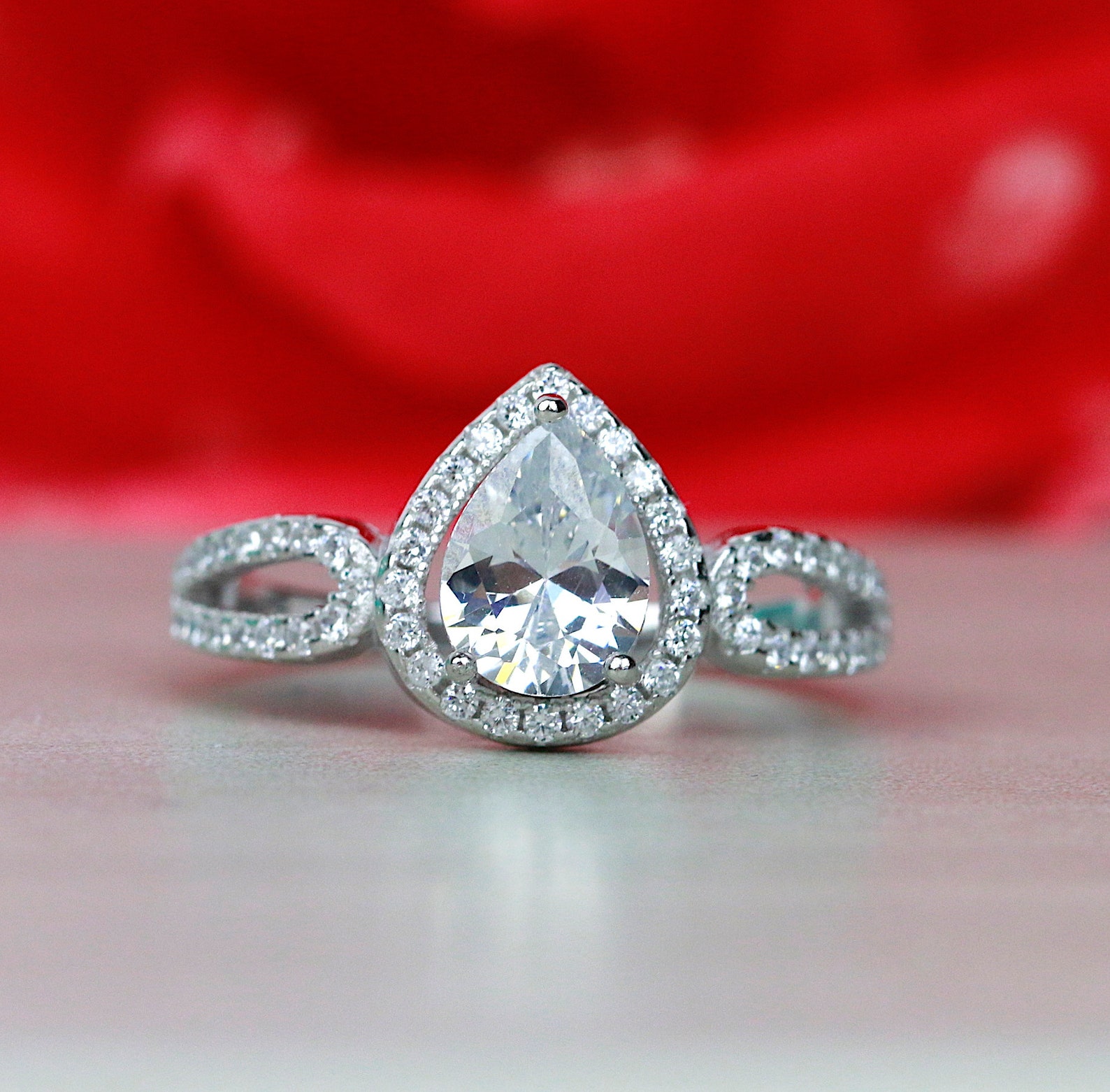 Pear Cut CZ Halo Engagement Ring Teardrop CZ Engagement Ring - Etsy