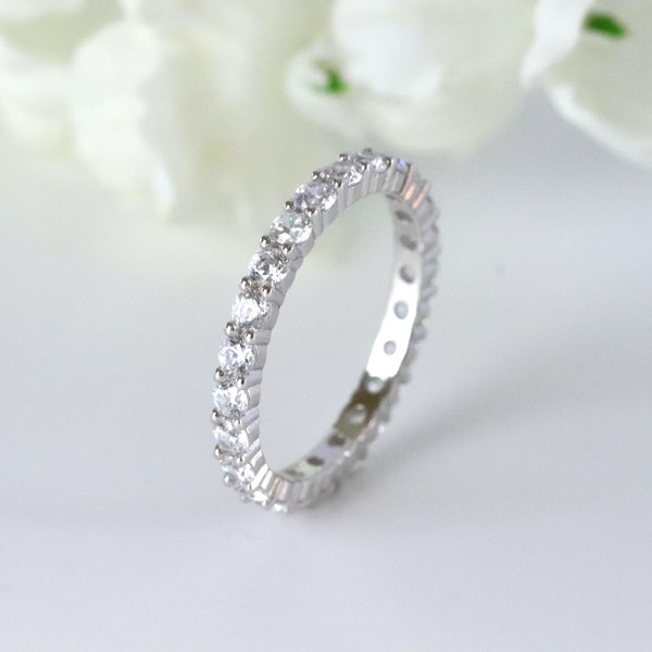 Sterling Silver Round Cut Diamond CZ Full Eternity Ring Wedding Band Stacking Ring Minimalist Ring