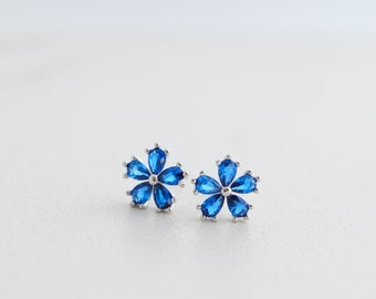 Sapphire Blue Flower Stud Earrings, Dainty Pear Diamond CZ Studs, September Birthstone Earrings