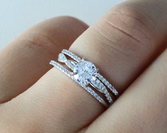 3pcs Petite Twist CZ Sterling Silver Bridal Ring Set, Twist Vine Engagement Ring Set, Wedding Ring Set