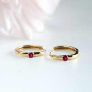 Solid Gold Ruby Huggie Hoops, Small Sleeper Earrings, July Birthstone Minimalist Earrings