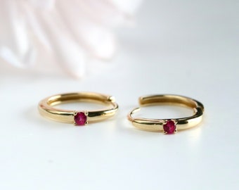 Solid Gold Ruby Hoop Earrings, White Gold Small Hoop Earrings, July Birthstone Earring, Minimalist Earrings