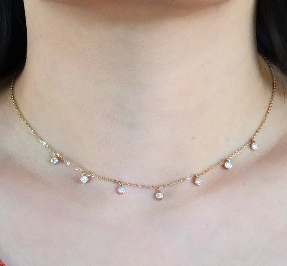 Solid 14K Gold Multi Drop Moissanite Diamond Bezel Necklace Station Necklace Choker Flutter Necklace Minimalist Layering Necklace Etsy