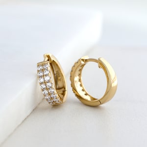 Small Pavé Gold Hoop Earrings - Double Row CZ Gold Vermeil Chunky Statement Hoops