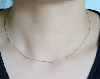 Solid 14K Gold Diamond Bezel Station Necklace, Satellite Necklace Choker, Dainty Gold Layering Necklace, Moissanite Minimalist Necklace