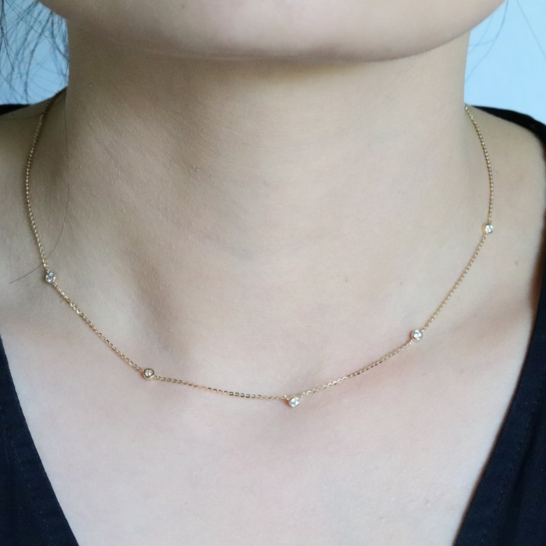 Solid 14K Gold Diamond Bezel Station Necklace, Satellite Necklace Choker, Dainty Gold Layering Necklace, Moissanite Minimalist Necklace image 1