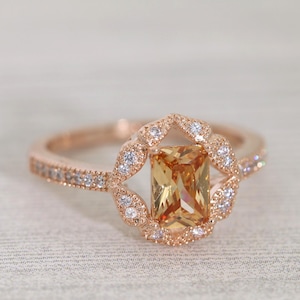 Vintage Rose Gold Floral Champagne CZ Ring /Art Deco Engagement Ring/Dainty Ring/Promise Ring #1001