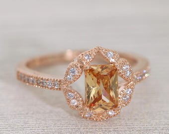 Vintage Rose Gold Floral Champagne CZ Ring /Art Deco Engagement Ring/Dainty Ring/Promise Ring #1001