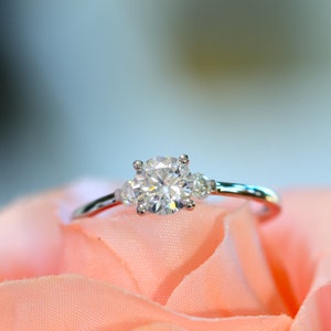 Dainty White Gold Moissanite Diamend Three Stone Engagement Ring, Minimalist Promise Ring