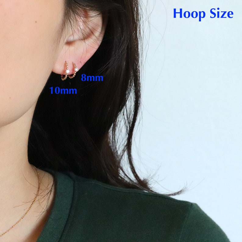 Solid Gold Beaded Huggie Hoop Earrings, Moissanite Diamond Mini Hoops in 10K/14K Gold, Minimalist Earrings image 6