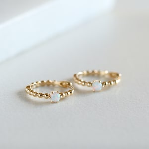 Solid Gold Opal Beaded Huggie Hoop Earrings - 10K/14K Sleeper Earrings, October Birthstone Minimalist Hoops