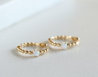 Solid Gold Opal Beaded Huggie Hoop Earrings, 10K/14K Gold Small Hoops, October Birthstone Earrings, Minimalist Earrings