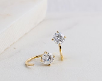 Solid 14K/10K Gold Moissanite Diamond Huggie Earrings, Minimalist Open Hoops