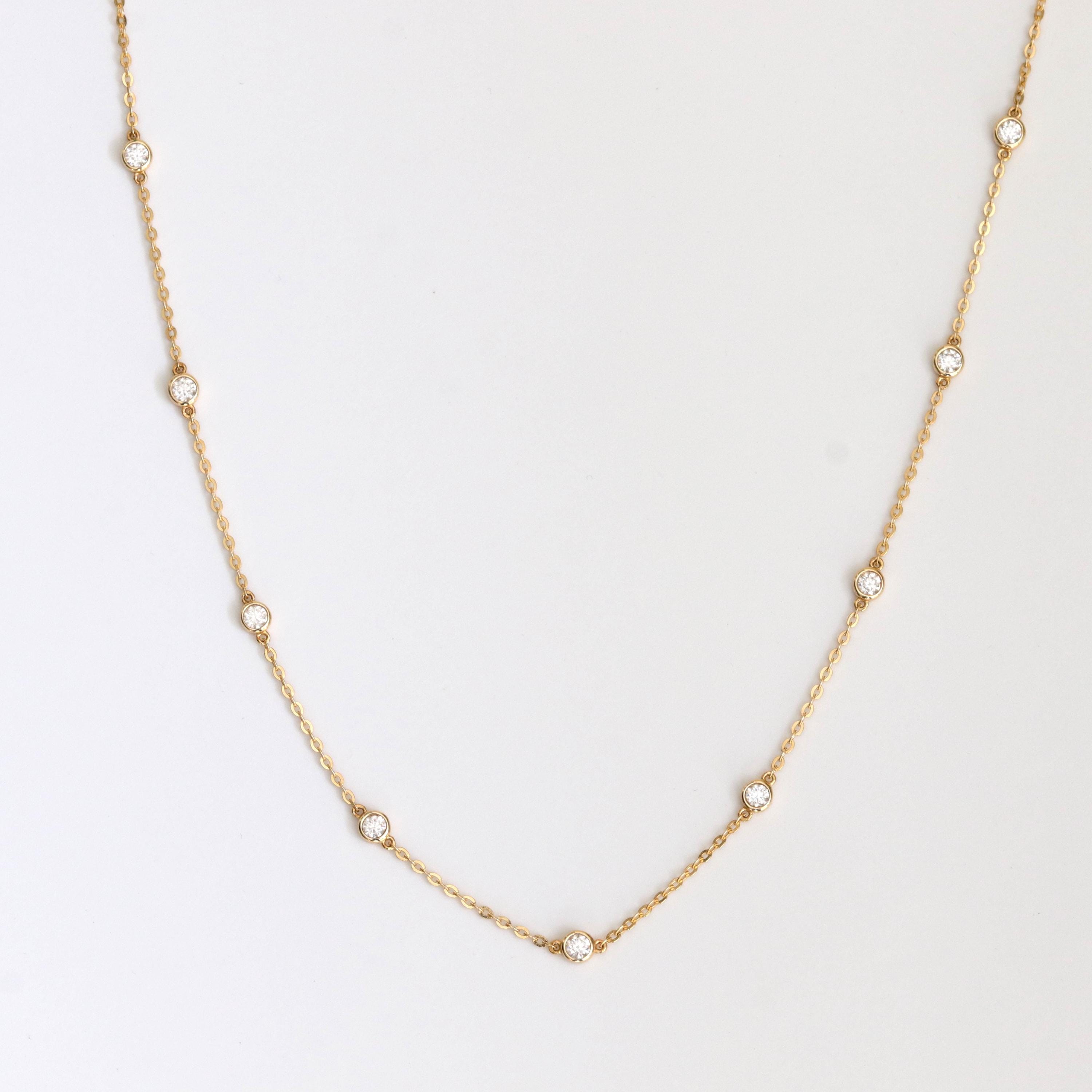 Solid Gold Bezel Station Choker Necklace, 10K Moissanite Diamond Layering Necklace, Minimalist Gold Jewelry
