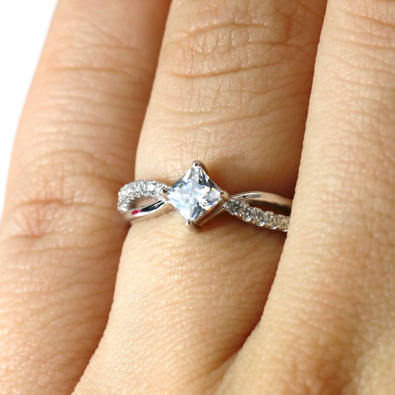 Princess Cut Compass Set Engagement Ring in Sterling Silver Etsy