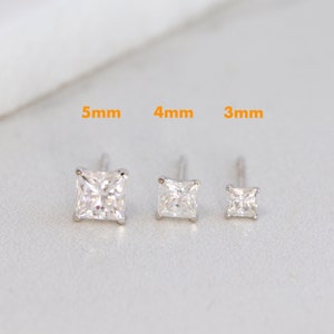 Solid 14K White Gold Princess Cut Moissanite Stud Earrings, Square Diamond Studs, Minimalist Jewelry