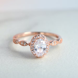 Rose Gold Oval CZ Halo Ring: Sterling Silver Promise Ring