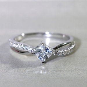 Princess Cut Compass Set Engagement Ring in Sterling Silver, Tilted Diamond CZ Promise Ring, Wedding Ring Anniversary Ring