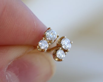 Solid Gold Diamond Duo Stud Earrings, Moissanite Two Stone Studs, Second Hole Studs, Moissanite Studs, Minimalist Studs