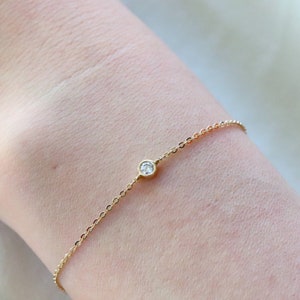 Solid Gold Bezel Diamond Solitaire Bracelet, Dainty Chain Bracelet, White Gold Minimalist Bracelet, Stackable Bracelet, Gift for Her