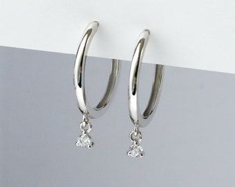 White Gold Single Diamond Huggie Hoops, Drop Hoop Earrings, Dainty Hoops, White Gold Small Hoops, Dangle Hoops, Minimalist Jewelry