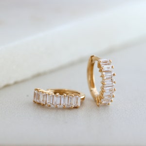 Solid Gold Baguette Diamond Huggie Hoop Earrings, White Gold Mini Hoops, Cartilage Hoop Minimalist Jewelry