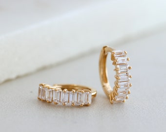 Solid Gold Baguette Diamond Huggie Hoop Earrings, White Gold Mini Hoops, Cartilage Hoop Minimalist Jewelry
