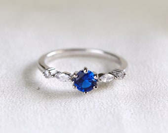 Dainty Sterling Silver Sapphire Marquise Engagement Ring, September Birthstone Ring, Gift for Her
