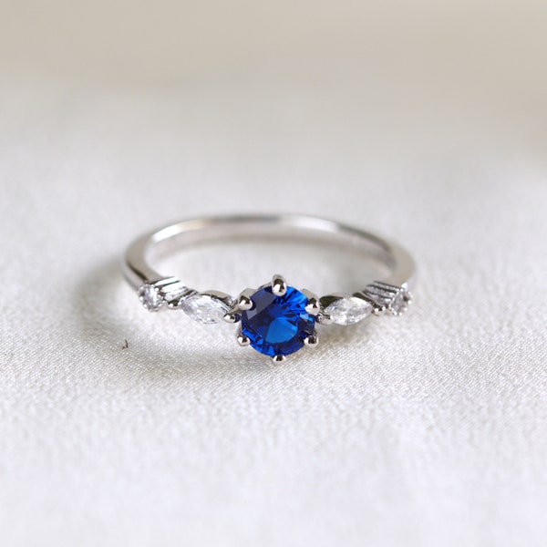 Dainty Sterling Silver Sapphire Marquise Engagement Ring, September Birthstone Ring, Gift for Her
