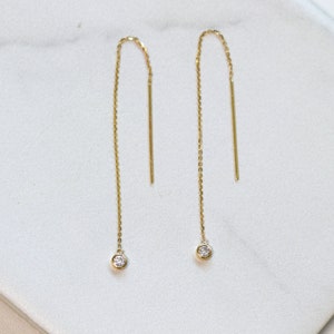 Solid Gold Bezel Threader Earrings, Dainty Moissanite Diamond Earrings, Minimalist Jewelry