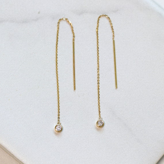 Diamond Threader Earrings Dainty 10K 14K Gold White Gold