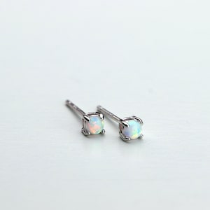 Tiny Opal Stud Earrings in Solid Sterling Silver, Minimalist White Opal Jewelry, Gift for Her