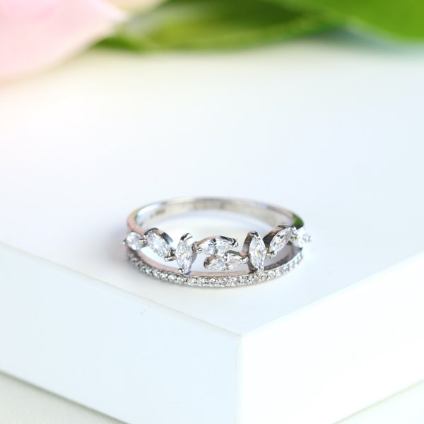Cluster Ring, Marquise Diamond Cluster Ring in Sterling Silver/Rose Gold Stackable Half Eternity Ring Simple Ring S152
