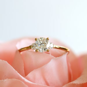 Solid Gold Three Stone Ring, Round Moissanite Diamond Engagement Ring, Engagement Ring, Promise Ring, Dainty Gold Ring