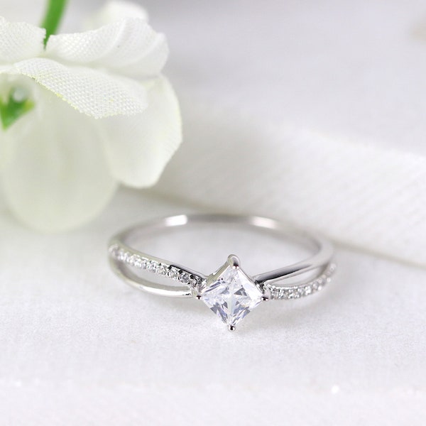 Tilted Princess Cut Diamond CZ Engagement Ring in Sterling Silver, Dainty Promise Ring Wedding Ring Gift for Her