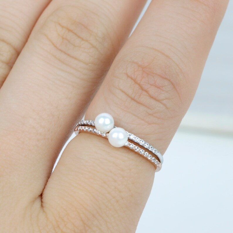 Thin Pearl Ring Dainty Stackable Half Eternity Ring Sterling SilverRose Gold Ring Stacking Ring