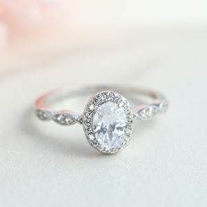 Sterling Silver Oval Cut Halo Engagement Ring - Promise, Placeholder, Anniversary Ring