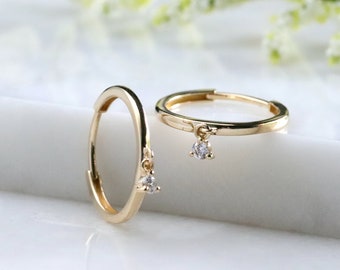 Solid Gold Moissanite Diamond Drop Huggie Hoop Earrings, Dainty Hoops, Small Hoops, Dangle Hoops, Minimalist Jewelry