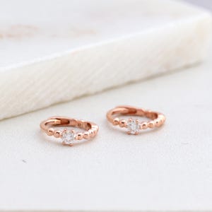 14K Solid Rose Gold Beaded Huggie Hoop Earrings, Sleeper Earrings, Moissanite Minimalist Hoops