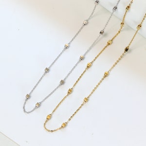 Solid 10K Gold Cube Station Necklace: Minimalist Beaded Chain