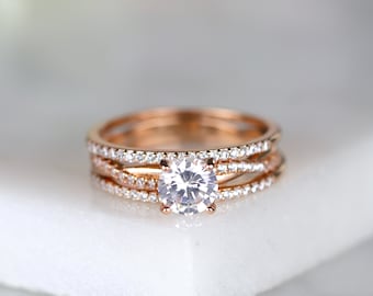 3pc Petite Twist CZ Rose Gold Bridal Ring Set Twist Vine Engagement Ring Wedding Ring Set