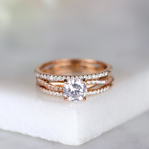 3pc Petite Twist CZ Rose Gold Bridal Ring Set Twist Vine