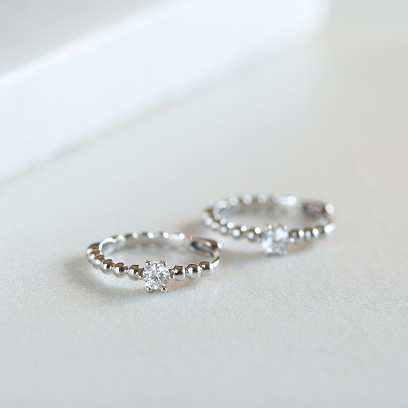 Solid Gold Beaded Huggie Hoop Earrings, Moissanite Diamond Mini Hoops in 10K/14K Gold, Minimalist Earrings image 2