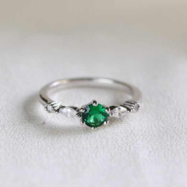 Green Emerald Marquise Engagement Ring Sterling Silver Promise Ring, May Birthstone Ring, Placeholder Ring, Gift for Her